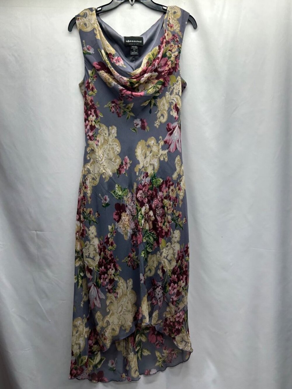 Connected Apparel Floral Cowl Neck Sleeveless Midi Dress Gray Multicolor L Y2K